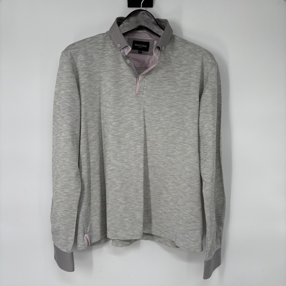 Maceoo Paris Mens Polo L Line Grey White Textured Long Sleeve Shirt XL 5